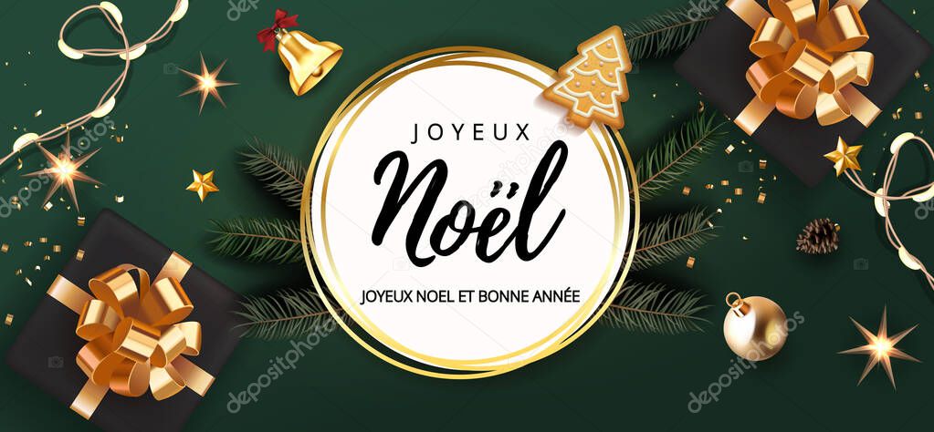 French lettering Joyeux Noel - Happy New Year and Merry Christmas. Christmas festive luxury green and gold background with gifts box and Xmas balls, stars, bell, light garland, gingerbread fir tree