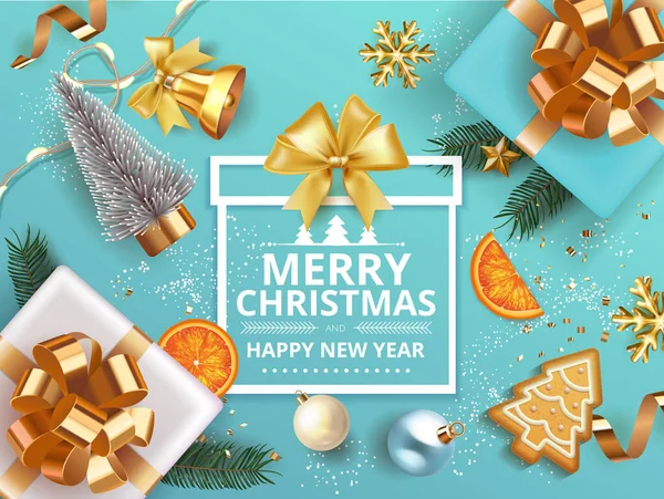 Zimní Veselé Vánoce a šťastný Nový rok prapor s dárkovou krabicí zdobené vánoční strom větve, koule, perník, pomeranče. sněhové vločky. Vektorový vánoční plakát, slavnostní přání Royalty Free Stock Ilustrace