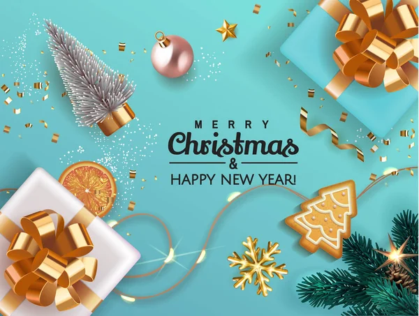 Frohe Weihnachten und ein gutes neues Jahr Xmas Hintergrund mit realistischen blauen Geschenkbox mit Tannenbaum, Gold-Glitzer-Konfetti, Lebkuchen. Urlaubsbanner, Plakat, Grußkarte. Werbeflyer Broschüre. lizenzfreie Stockvektoren