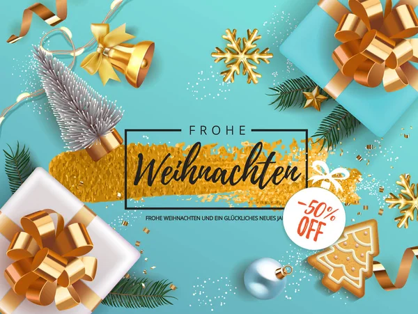 Inverno tedesco Frohe Weihnachten tradurre Buon Natale banner vacanza con confezione regalo decorata con rami di albero di Natale, palle, pan di zenzero, arance. campana fiocchi di neve neve. Biglietto festivo di Natale Illustrazione Stock