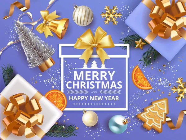 Veselé Vánoce a šťastný Nový rok fialová Dovolená pozadí s dárkovými krabicemi se zlatou stuhou jedle větve, cinkot zvonek vánoční koule, zlatý jelen a světla. Slavnostní vánoční dekorace ve fialové Stock Ilustrace