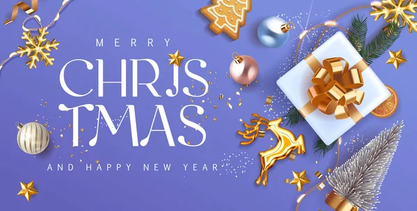Frohe Weihnachten und ein glückliches neues Jahr blau violett Feiertagshintergrund mit Geschenkbox mit goldenen Bogen Tannenzweige, Weihnachtskugeln, Gold Hirsche und Lichter. Festliche Weihnachtsdekoration in zartem Violett. Vektor lizenzfreie Stockvektoren