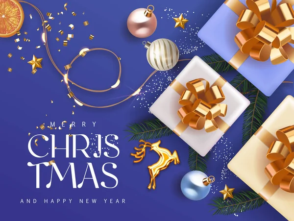 Buon Natale e felice anno nuovo 2021 profondo blu ciano sfondo vacanza con scatole regalo con rami di abete nastro d'oro palle di Natale cervo d'oro e luci. Decorazione natalizia in blu Illustrazione Stock