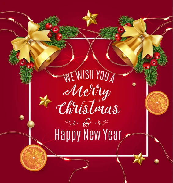 Wir wünschen Ihnen frohe Weihnachten und einen guten Rutsch ins neue Jahr. Jingle goldene Glocken mit Schleife, Orangen, Sterne, Tannenzweige isoliert auf roter Vektor-Illustration lizenzfreie Stockillustrationen