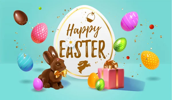 BunBeautiful moderní Veselé Velikonoce banner s čokoládou velikonoční králík, 3D realistické velikonoční vejce, dárky a sladkosti. Čokoládový zajíček s mašlí a čokoládou a barevnými vejci Dovolená Veselé Velikonoce velký lov Stock Ilustrace