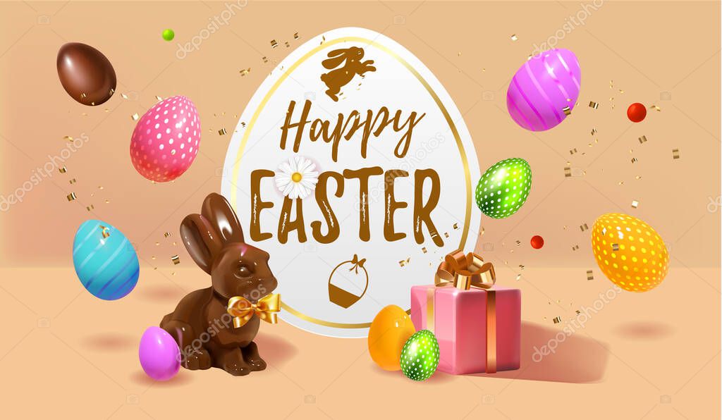 Happy Easter Festive background design with realistic colorful eggs, giftbox, easter chocolate bunny, rabbit with bow and colored and sweet easter eggs composition. Beige soft Holiday web banner.