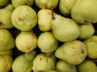 Düşük açılı yeşil armut sulu taze meyve çiftçi pazarında.