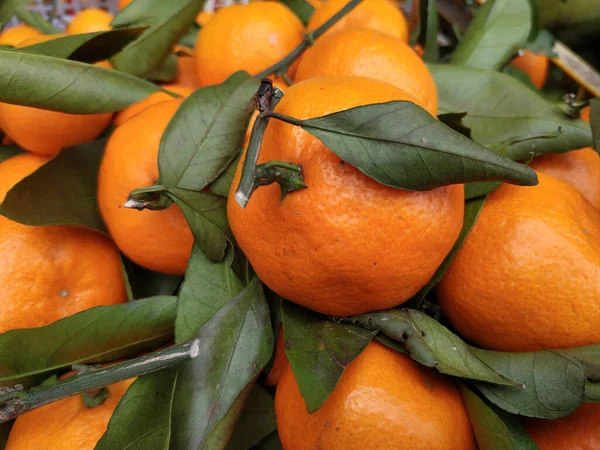 Bovenaanzicht Van Een Bos Verse Mandarijnen Sinaasappels Met Groene Bladeren — Stockfoto