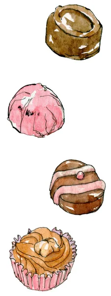 Akvarel Ilustrace Sada Čokolády Růžové Sladkosti Inkoustem Kreslené Ručně Izolované — Stock fotografie