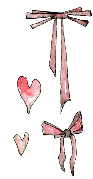 Elegantní Tlumené Barvy Akvarel Ilustrace Inkoustem Valentýna Srdce Luky Nakreslené — Stock fotografie