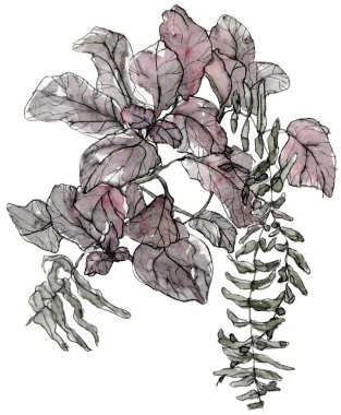 Beyaz arkaplanda sessiz renklerde bir kalem bulunan yapraklı bitkilerin zarif bir suluboya kompozisyonu..