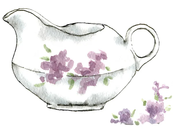 Aquarel Illustratie Set Van Lila Tak Zwart Wit Delicate Pastel — Stockfoto