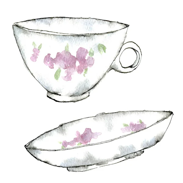 Watercolor Illustration Set Lilac Black White Delicate Pastel Sugar Bowl — Stock Photo, Image