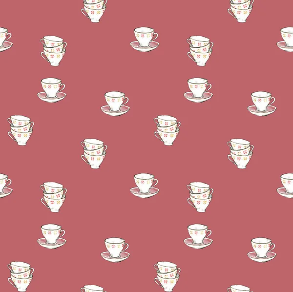 Zarif porselen çatalların suluboya desenli çizimi. Burgundy arka planda izole edilmiş beyaz benekli çay fincanları gibi..