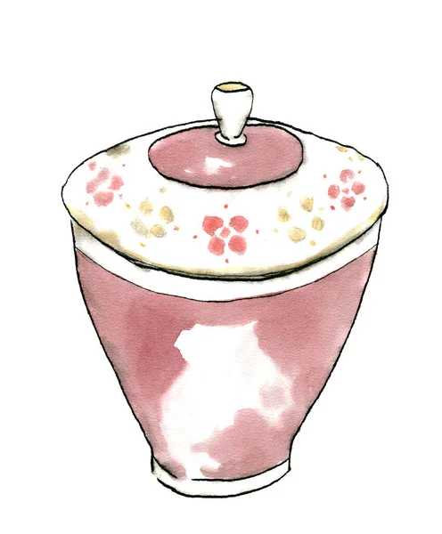 Watercolor Illustration Burgundy Black White Delicate Pastel Sugar Bowl Hand — Stock Photo, Image