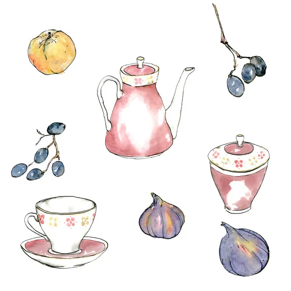 Burgundy porselen seti suluboya çizim seti, çay seti ve meyveler, taslak şeklinde elle çizilmiş. Beyaz arkaplanda incir, üzüm ve elma bulunan zarif bir koleksiyon aleti..