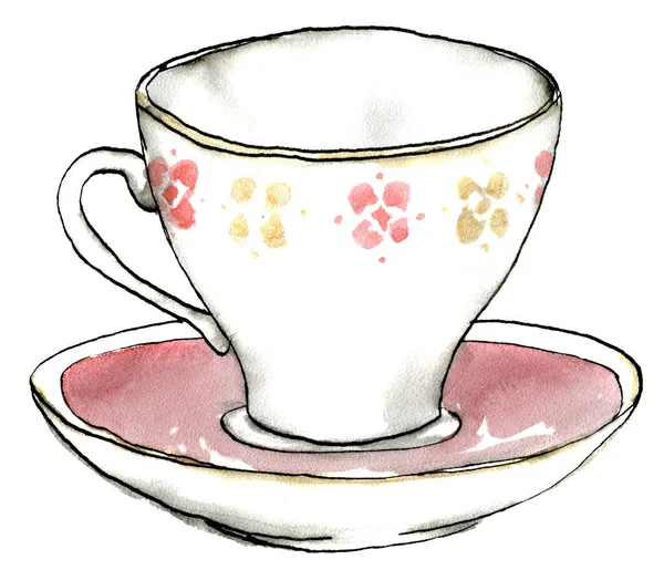 Watercolor Illustration Burgundy Black White Delicate Pastel Cup Saucer Hand — Stock Photo, Image