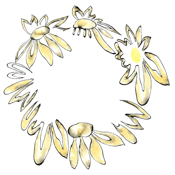 Decorative Wreath Frame Daisy Motif Watercolor Illustration Sketch Style Romantic — Stock Photo, Image