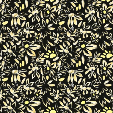 Şekillendirilmiş çiçekli papatya motifinin suluboya desensiz çizimi, çiçekler, delik, benekler, siyah arka plandaki karalamalar. Robot resim şeklinde elle çizilmiş..