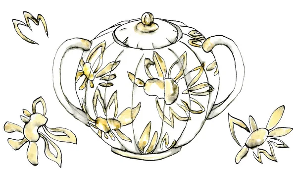 Watercolor Illustration Set Porcelian Sugar Bowl Muted Yellow Color Black — Stock Photo, Image