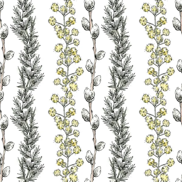Aquarell Nahtloses Muster Mit Weidenzweigen Flauschigen Mimosenblüten Und Blättern Auf — Stockfoto