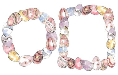 Paskalya çelengi ve el yapımı sessiz paskalya yumurtaları. Beyaz arka planda izole edilmiş, eskiz tarzında zarif bir illüstrasyon. Davetiyeler, kartlar, selamlar, diğer tasarım için.