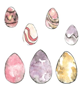 Sarı kurdeleli, el yapımı sessiz renkli paskalya yumurtalarından oluşan suluboya bir set. Beyaz arka planda izole edilmiş, eskiz tarzında zarif bir illüstrasyon. Davetiyeler, kartlar, selamlar, diğer tasarım için.