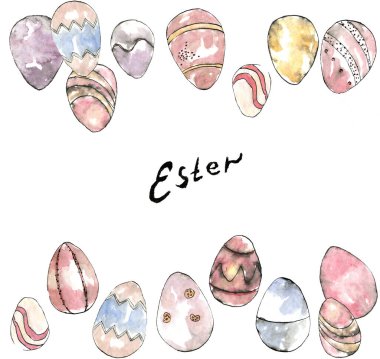 Paskalya yumurtalarının suluboya çizimi beyaz arka planda siyah olarak çizilir. Davetiyeler, kartlar, selamlar, diğer tasarım için taslak tarzında dekoratif yatay zarif yumurta şeridi.