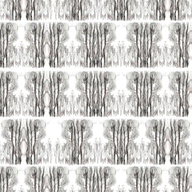 Dilsiz renkli, siyah-beyaz çizimi elle çizilmiş kusursuz bir orman deseni. Beyaz arkaplanda izole edilmiş suluboya çizimi.