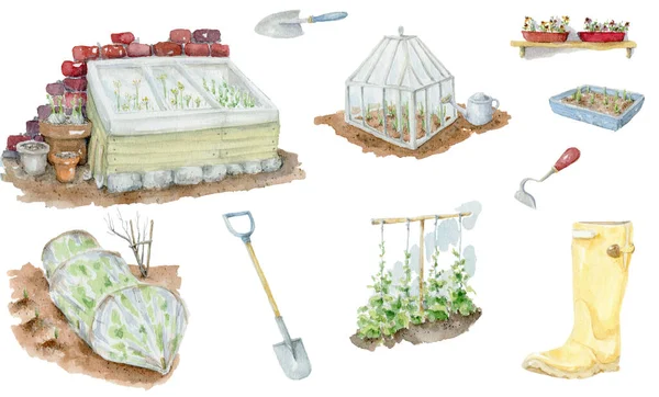 Ilustración Acuarela Dibujada Mano Jardín Estilo Europeo Jardinería Agrícola Plántulas —  Fotos de Stock