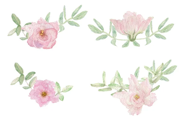 水彩画的一角 用植物学的方法在白色的背景上手绘着柔和的粉红色花朵和绿色的叶子 生日卡片 装饰和其他设计用的花卉构图 — 图库照片