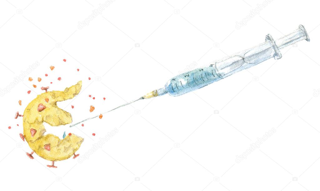 Watercolor illustration of virus and injection needle syringe isolated on white background. Vaccine, injection needle syringe against Coronavirus infection. Vaccination destroying virus cell.