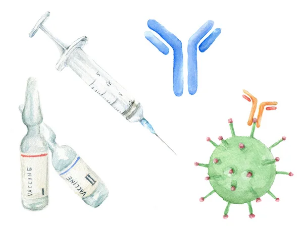 Akvarell Illustration Tvåkomponentsvaccin Spruta För Injektion Antikropp Antikropp Angriper Viruset — Stockfoto