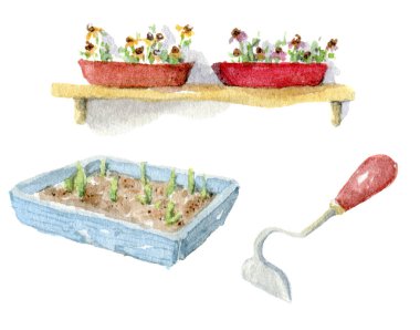 Watercolor illustration of a gardening composition with wooden and flower box and planters chopper. Hand drawn clipart for for design on the theme of farm life and stikers, isolated on white background. clipart