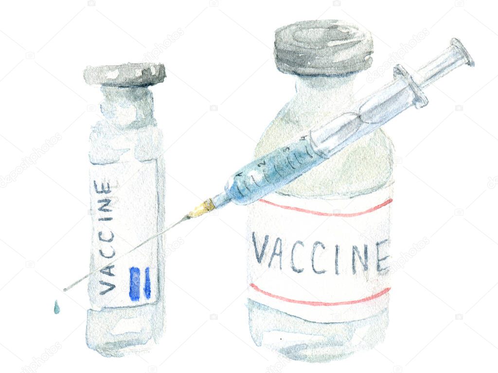 Watercolor illustration of vaccine and injection needle syringe isolated on white background. Vaccine, injection needle syringe against Coronavirus infection. Health and vaccination.