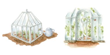 Hand drawn watercolor illustration, eanglish-style garden glass greenhouse with watering can. Village gardering composition clipart, isolated on a white background, for design on the theme of farm life, clipart and stikers. clipart