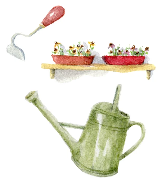 Set Illustrazione Acquerello Composizione Giardinaggio Domestico Con Scatola Legno Fiore — Foto Stock