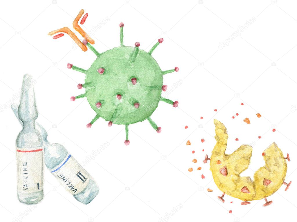 Watercolor illustration of two-component vaccine, syringe for injection, antibody, antibody attacks the virus. Vaccination destroying virus cell. Hand drawn medical clipart isolated on white background.