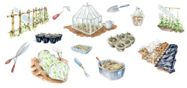 Set of watercolor illustrations on the theme of village gardering, spring sowing work on the garden bed. Hand drawn watercolor painting of greenhouse, vertical beds and garden tools on white background for design, clipart and stikers. clipart