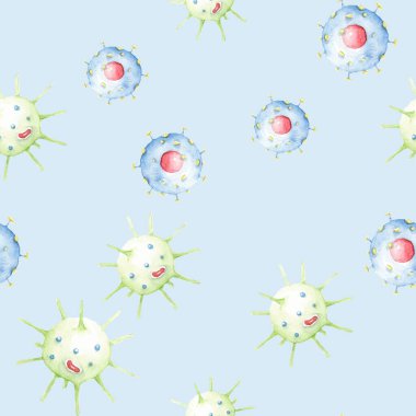 Çeşitli mavi ve yeşil renkli yuvarlak elementlerin suluboya desensiz çizimi. Parlak virüsler, polka noktaları gibi, mavi bir arka planda izole edilmiş. Tekstil, kapak, olaylar ve arka planlar için modern, soyut tasarım.