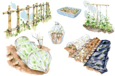 Set of watercolor illustrations of spring sowing work. Hand drawn watercolor painting of greenhouse, garden, vertical beds and garden tools on white background for design, clipart and stikers. clipart