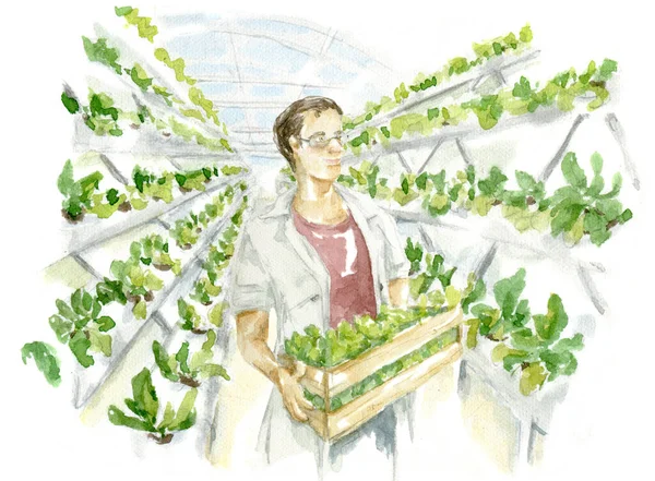 Watercolor illustration of urban farming and scientist gardener. Modern technologies for growing eco plants. Urban agricultural landscape isolated on white background. Scientist-farmer Drawn by hand for design, clipart, poster and presentation.