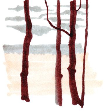 İşaretli basit bir el çizimi kahverengi ve pembe çizim. Göl, körfez manzarası, beyaz ağaçlar. Beyaz arka planda doğa, turizm ve seyahat seti izole edildi.