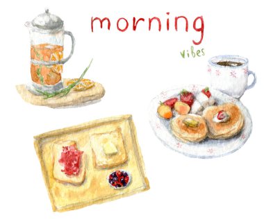 Watercolor hand drawn breakfast set. Food illustration isolated on white background. Clip art lunch set of elements: toast, jam, mug, pancakes, coffee, tea, french press. clipart