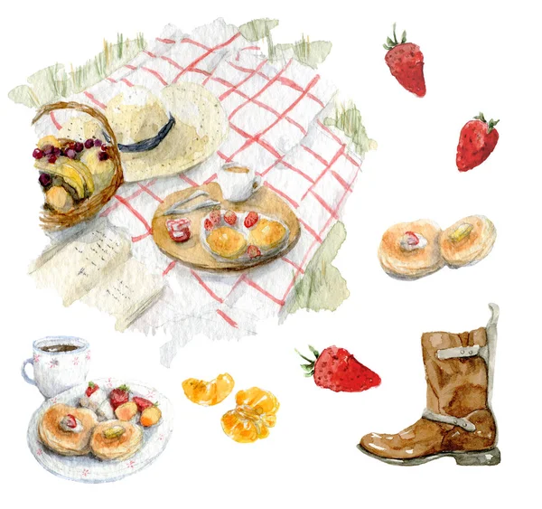 Ручной рисунок акварели набор летних элементов пикника изолированы на белом фоне. Иллюстрация утренних вибраций, завтрака, еды и уютного вида. — стоковое фото
