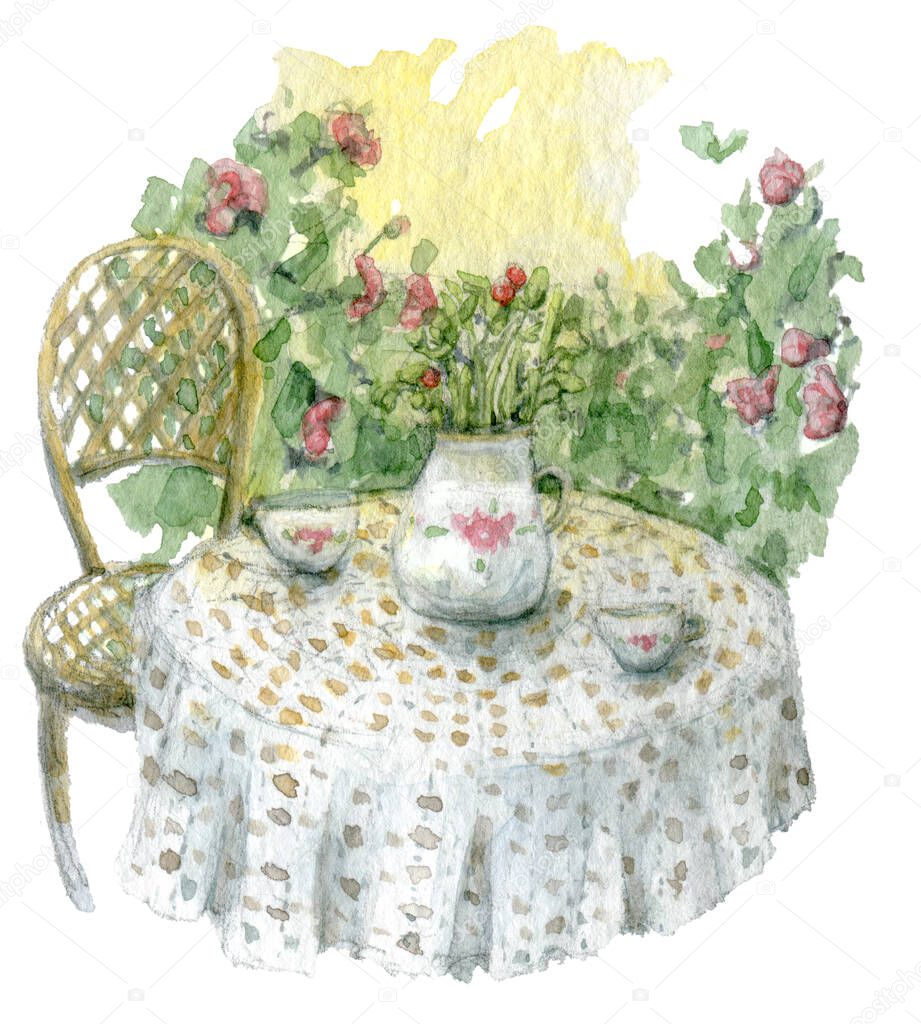 Watercolor illustration of a garden on a table with a vase in flowering bushes, illuminated by the sun. Cozy hand drawn painting on white background.