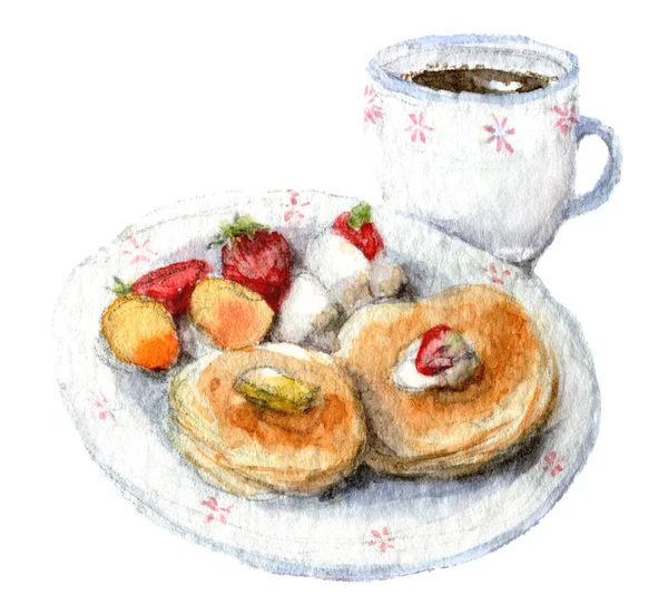 Voedsel aquarel illustratie van pannenkoeken met bessen op witte plaat. Met de hand getekend schilderij op witte achtergrond. Koffie voor het ontbijt. — Stockfoto