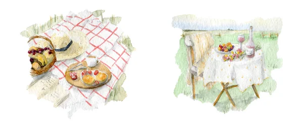 Ilustração aquarela de piquenique de verão no fundo branco. Ilustração de vibrações matinais, café da manhã, comida e vista acolhedora. — Fotografia de Stock