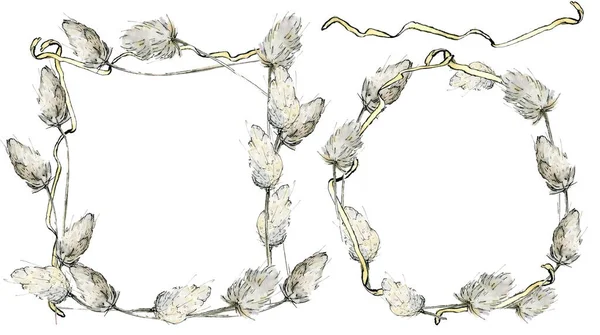 Dekorativ ram och krans av fluffig potpurri, grenar, akvarell illustration i skiss stil. Romantisk, abstrakt blommig bård med gult band och copyspace, isolerad på vit bakgrund. — Stockfoto
