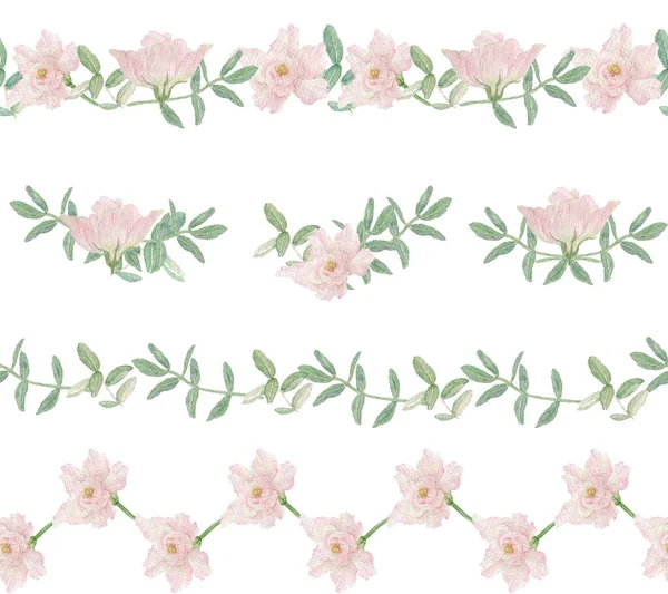 Watercolor conjunto de casamento ilustração de listras florais rosa e verde delicado e cantos. Borda horizontal decorativa com flores isoladas em um fundo branco. — Fotografia de Stock